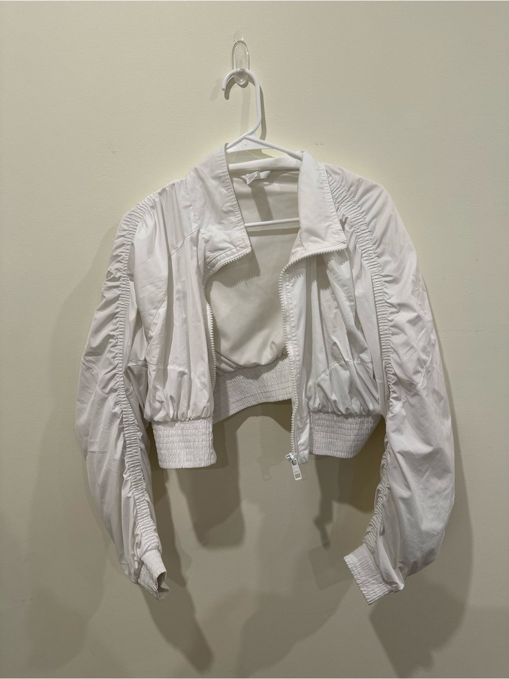 White Cropped Ruched Bomber Jacket - Women